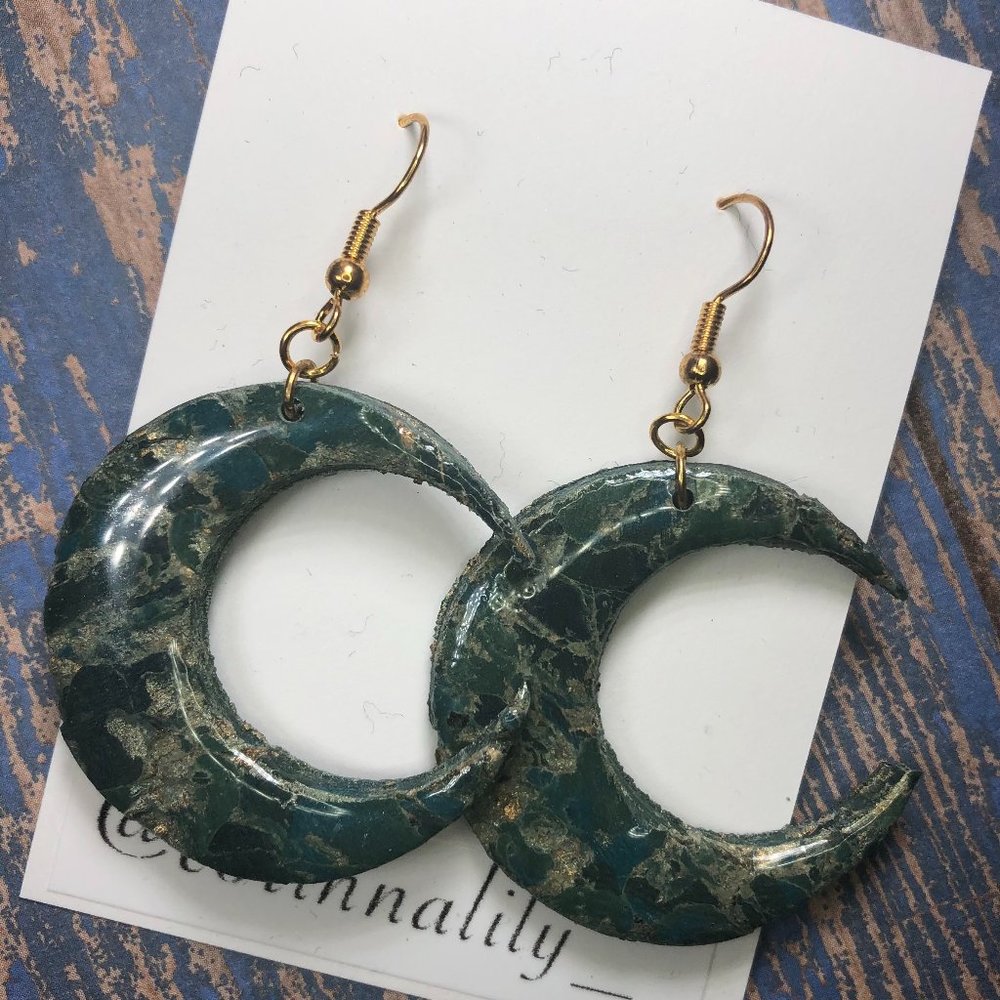 Green and Gold Moon Quartz Polymer Clay Hanging